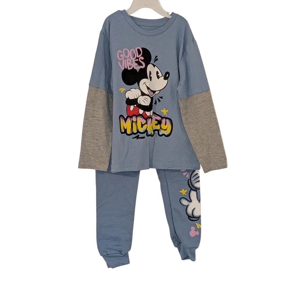 Disney Mickey Mouse Boys Blue Good Vibes 2-Piece Pajama Jogger‎ Set Size 6 NWOT